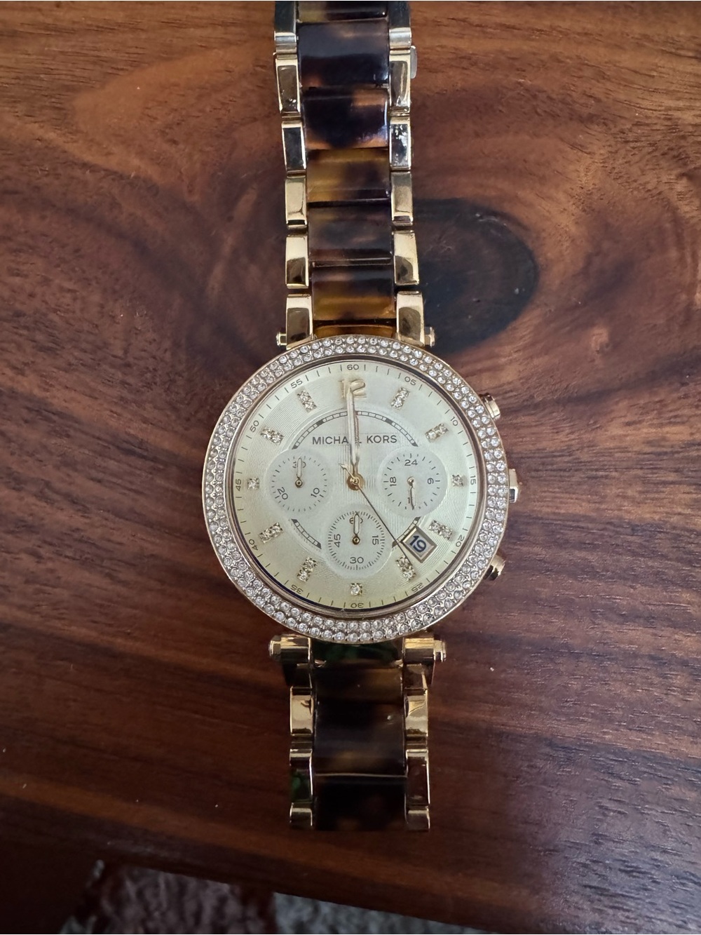 Michael Kors Gold and Tortoiseshell Crystal  Chronograph Watch NEEDS BATTERY